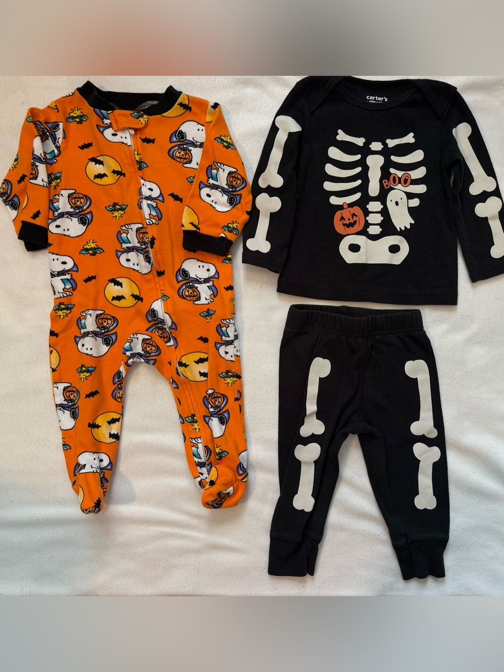 Halloween Orange Snoopy Footed One-Piece with Black Skeleton Top & Pants